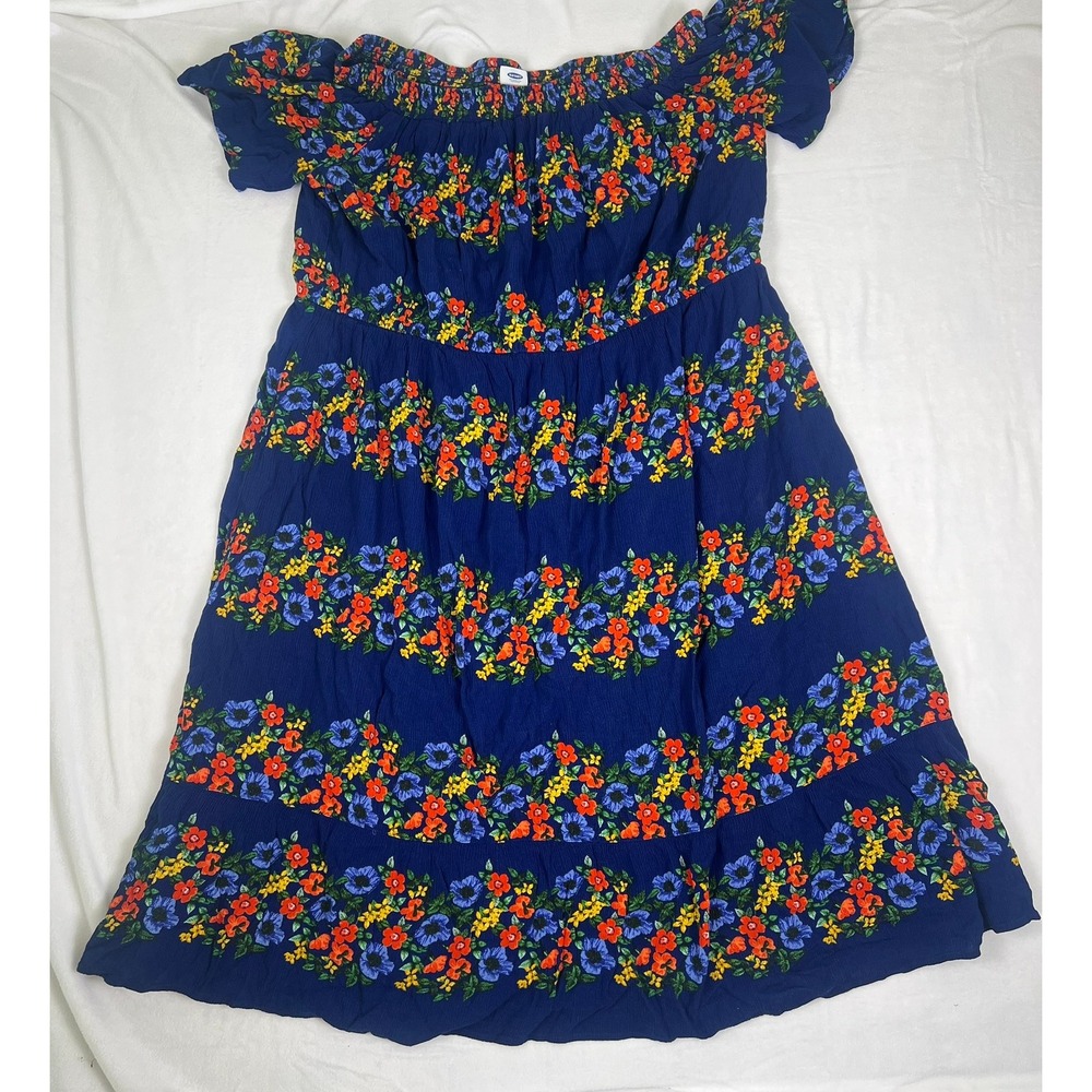 Old Navy XXL Blue Floral Off Shoulder Smocked Tiered Midi Dress Cottage Boho